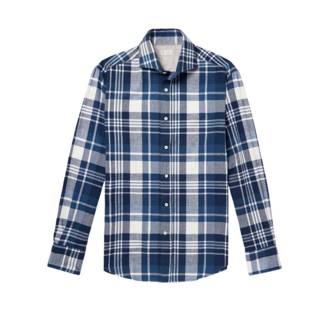 NWT Brunello Cucinelli Check Flannel Button Down Shirt Mens Large Blue White NEW